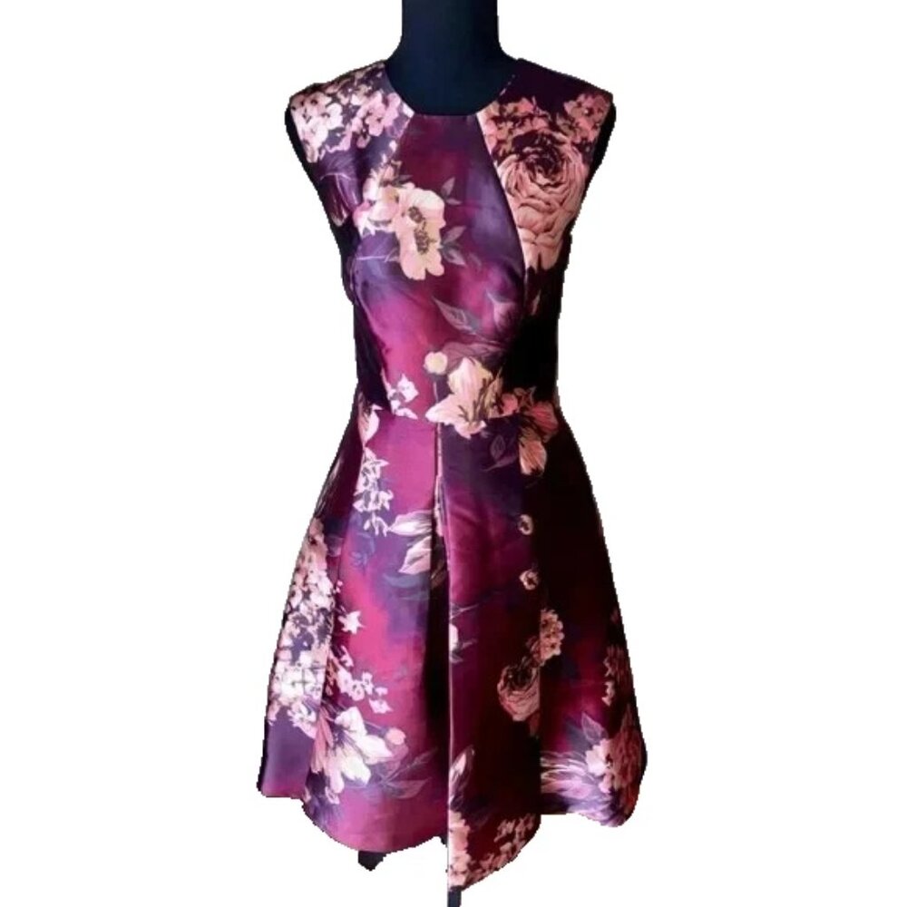 Kay Unger Jessa Floral Midi Dress 6 Merlot Purple Tulip Skirt Wedding Guest Chic